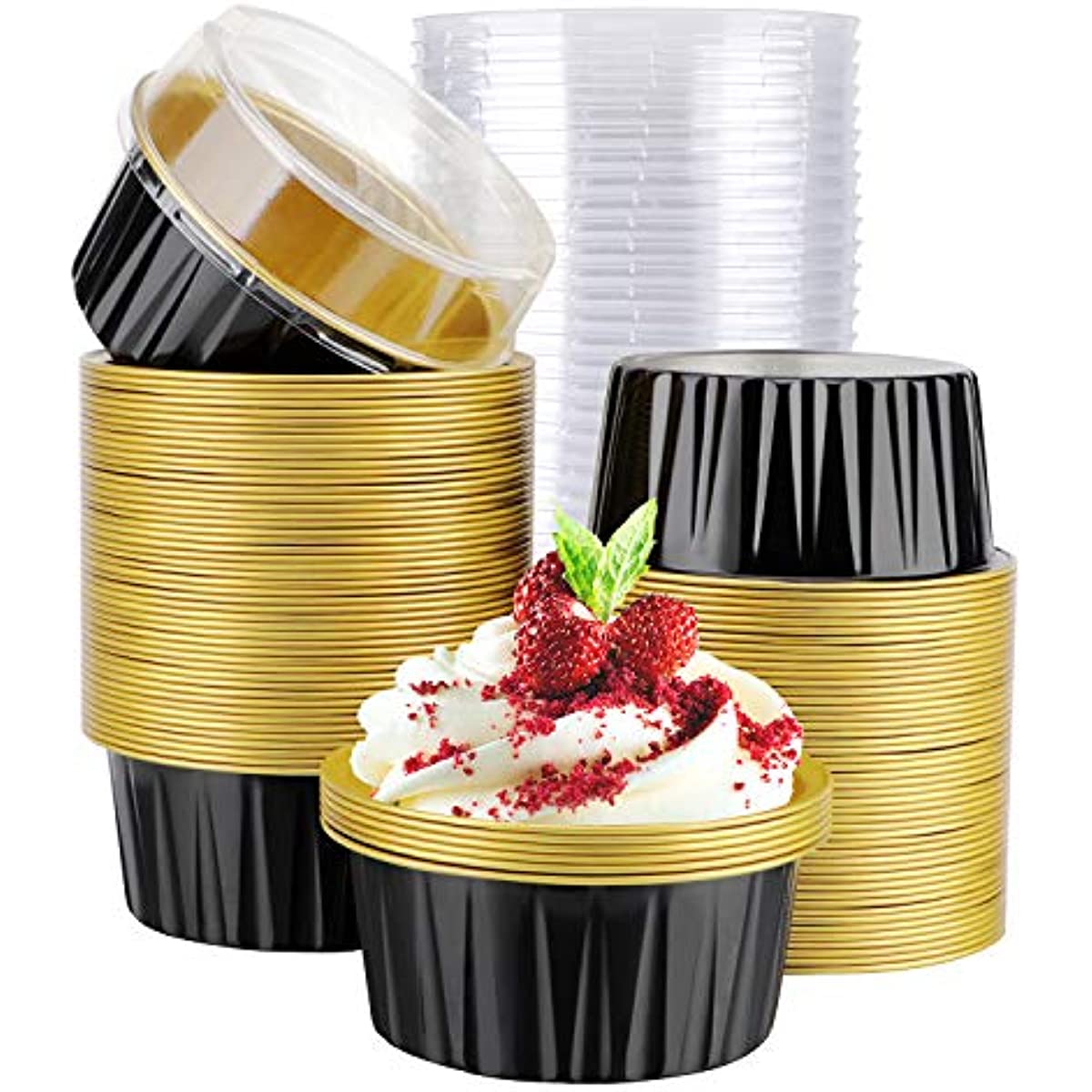 Reusable Aluminum Foil Baking Cups with Lids - Available in 10, 25, or 50 Count - Ideal for Cupcakes, Pies, Desserts, Catering, and Events - Black and Gold Color Options