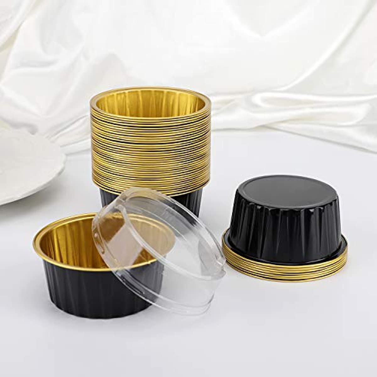 Reusable Aluminum Foil Baking Cups with Lids - Available in 10, 25, or 50 Count - Ideal for Cupcakes, Pies, Desserts, Catering, and Events - Black and Gold Color Options