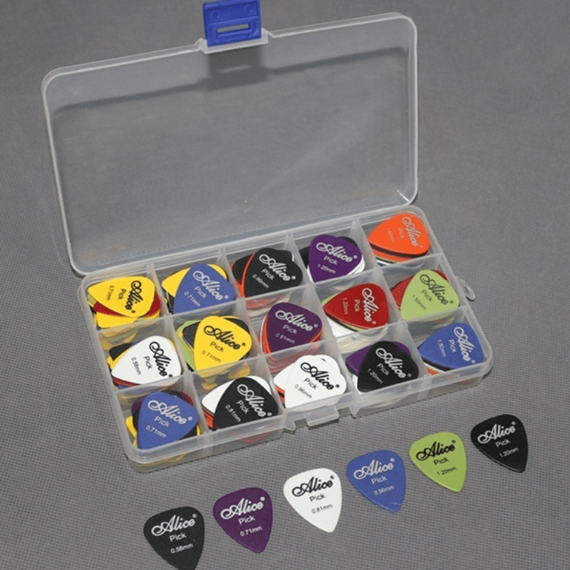 Assorted bag of 30 guitar picks with 6 thicknesses and bonus picks, ideal for versatile play and convenient storage.