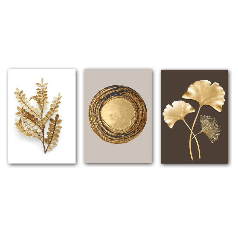 Set of 3 Modern Golden Leaf Wall Art - Frameless Ginkgo & Annual Wheel Prints, Elegant Nordic Decor for Living Room