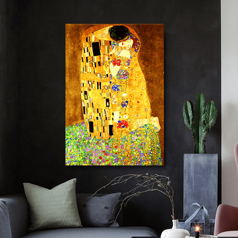 Gustav Klimt's "The Kiss" canvas print for vibrant living room decor, shipped safely rolled in a tube without frame.