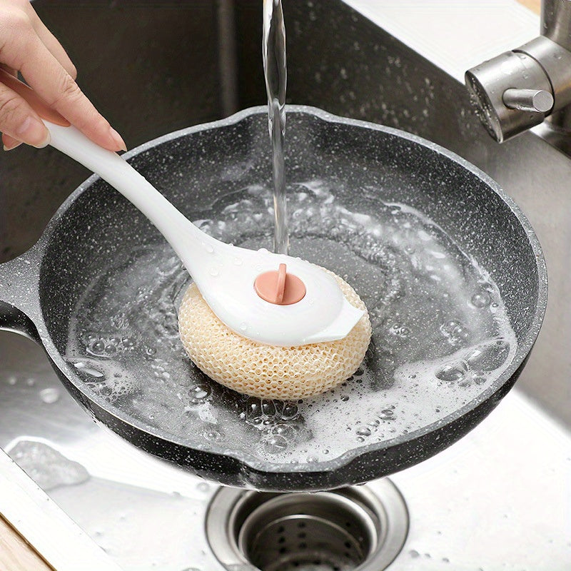 A collection of four pot cleaning tools designed to safely clean long-handled pots. Includes dish brushes, pot scrubbers, steel wool, and nano cleaning balls.