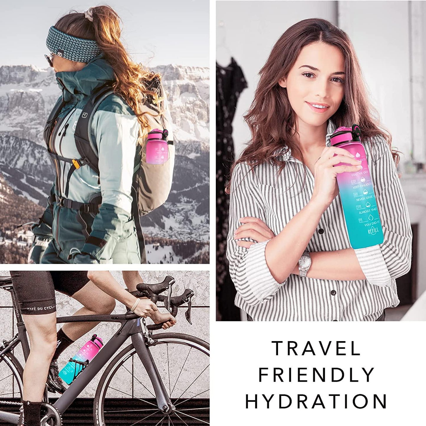 1 water bottle with time markers for motivation when drinking, suitable for gym, sports, outdoor activities, travel, and work.