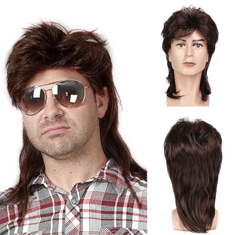 Top-selling costume wigs for men for 70s and 80s themed parties. Featuring a brown fancy party accessory perfect for cosplaying.