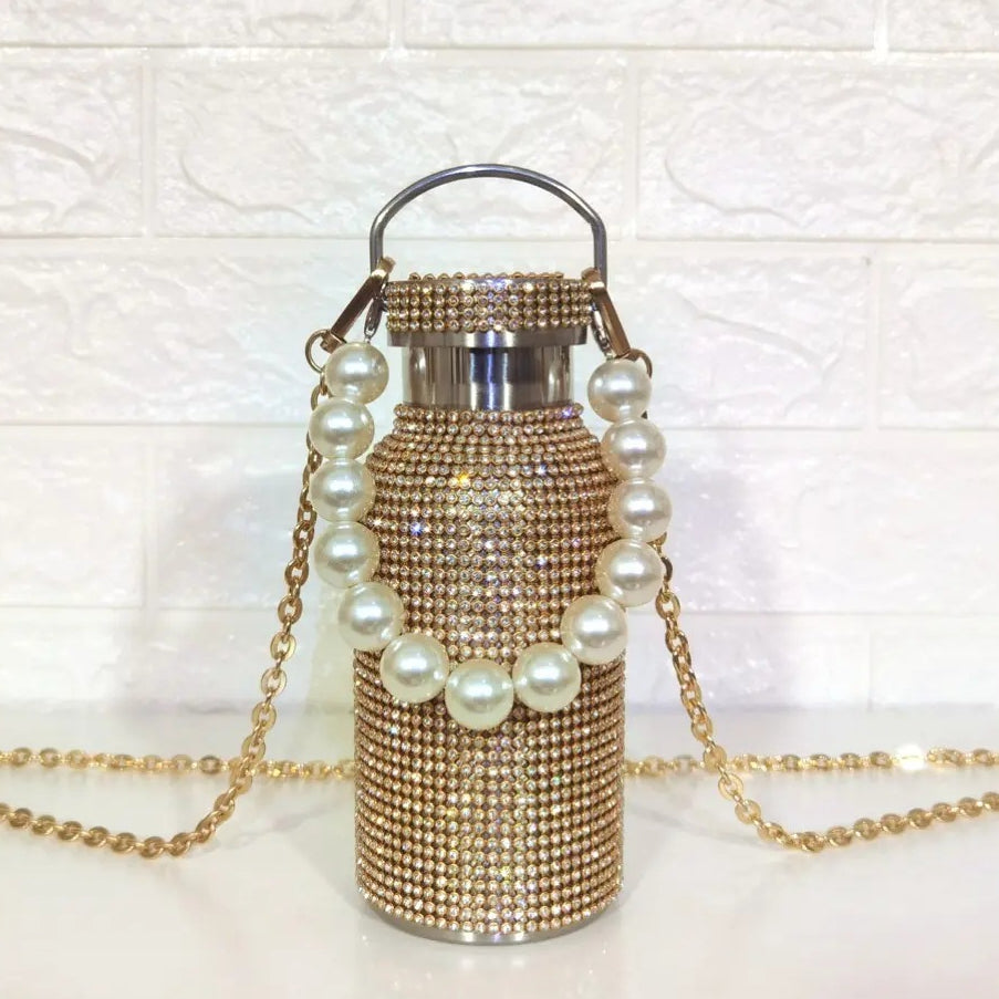 350/500ml Bling Thermos Bottle with Chain Pearl Design, Stainless Steel Water Bottle for Girls, Tea and Coffee Mug for Adults.