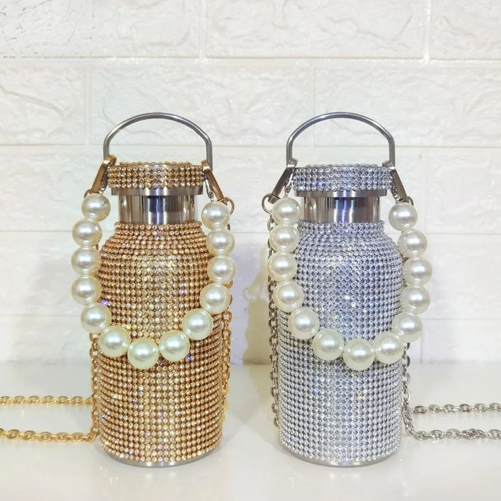 350/500ml Bling Thermos Bottle with Chain Pearl Design, Stainless Steel Water Bottle for Girls, Tea and Coffee Mug for Adults.