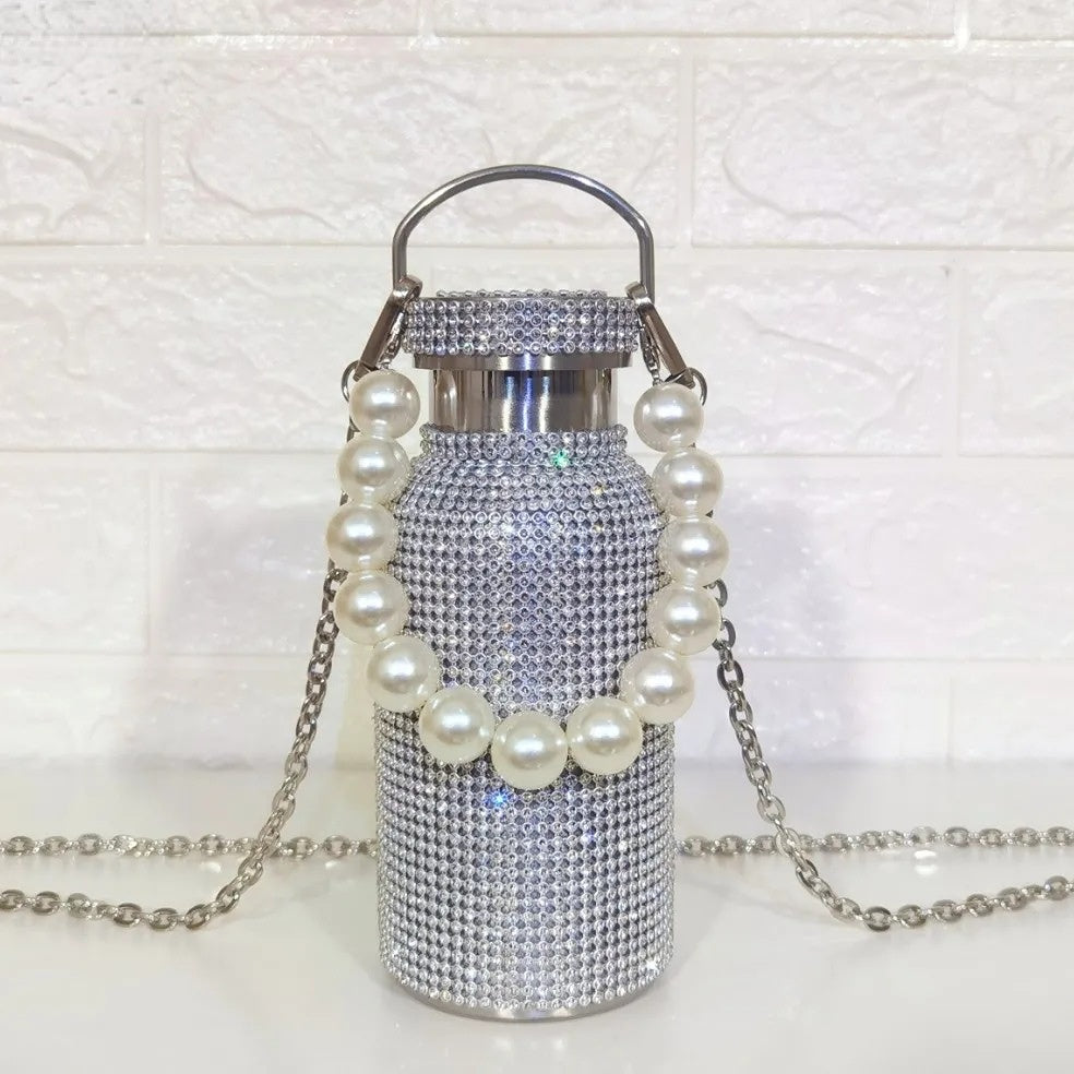 350/500ml Bling Thermos Bottle with Chain Pearl Design, Stainless Steel Water Bottle for Girls, Tea and Coffee Mug for Adults.