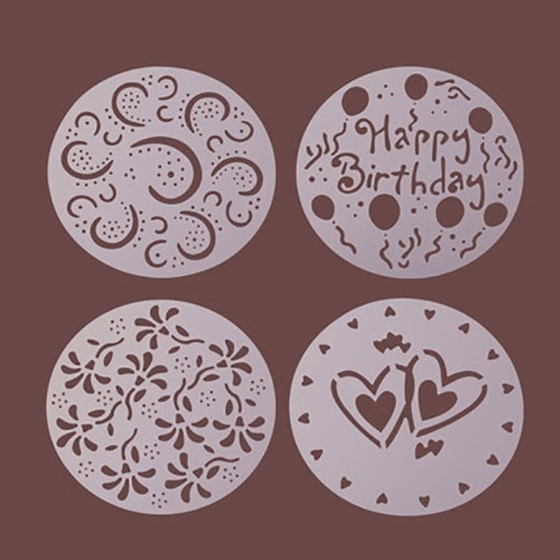 Set of 4 round cake stencils (19.99cm) for baking and decorating. Includes flower and heart-shaped designs for cake decoration. Perfect for bakery tools, kitchen gadgets, and accessories. Ideal for home kitchen items and birthday parties.