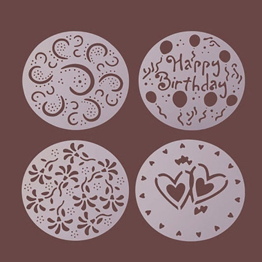 Set of 4 round cake stencils (19.99cm) for baking and decorating. Includes flower and heart-shaped designs for cake decoration. Perfect for bakery tools, kitchen gadgets, and accessories. Ideal for home kitchen items and birthday parties.