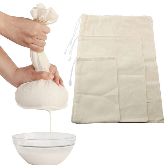 Set of 3 high-quality bamboo cheesecloth bags with drawstring closure - Ideal for filtering coffee, nut milk, cold brew tea, and yogurt - Reusable and durable fine mesh filter strainers