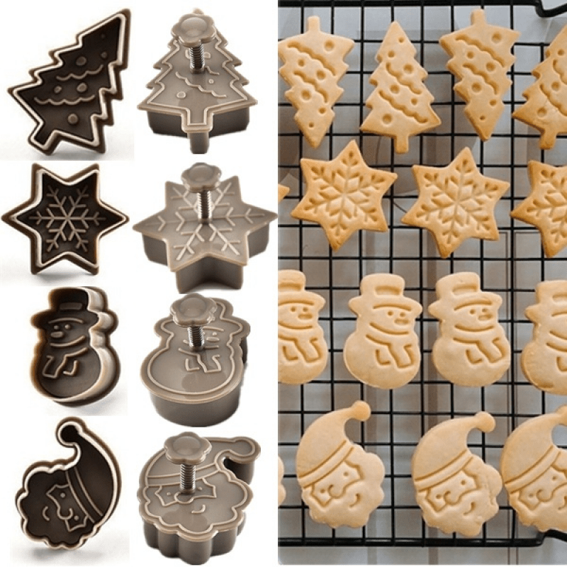 Christmas Cookie Cutter Set includes 4 pieces featuring Snowman, Snowflake, Christmas Tree, and Santa Claus patterns. Ideal for holiday baking.