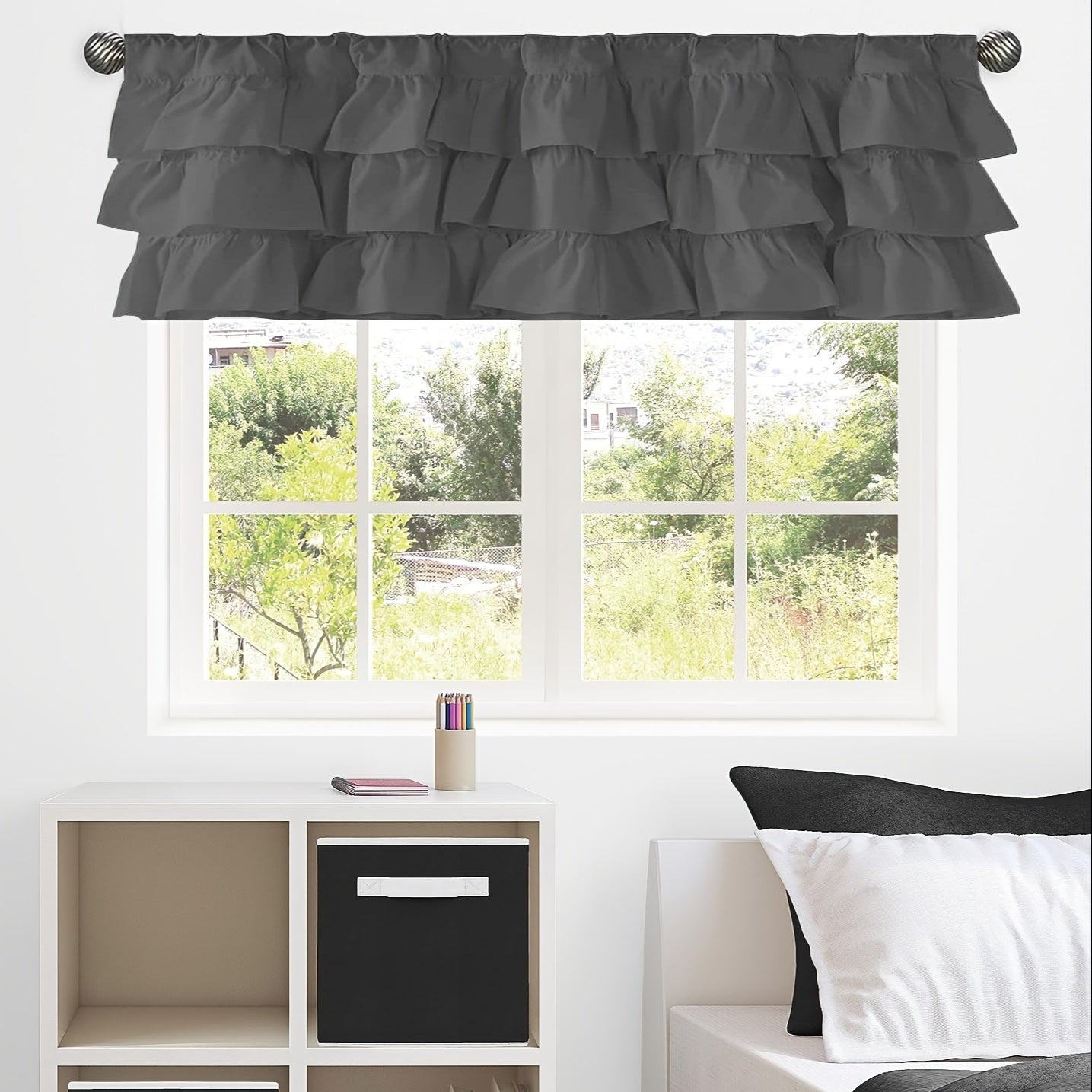 White ruffle print small curtain tiers, made with soft fabric featuring tiered ruffles. Perfect as a cafe curtain valance, these decorative short window drapes are ideal for parties, gifting, and adding charm to any room in your home – be it the kitchen