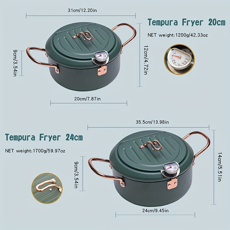 A stainless steel household deep fryer with tempura capabilities, featuring oil splash prevention, visible oil temperature gauge, easy cleaning, and compatibility with both gas stoves and induction cookers.