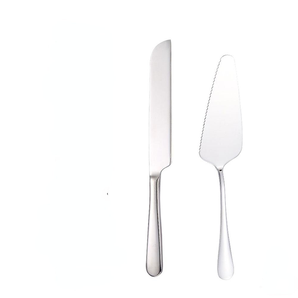 Cake cutting set including stainless steel spatula, knife, and pizza cutter for baking and pastry needs.