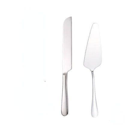 Cake cutting set including stainless steel spatula, knife, and pizza cutter for baking and pastry needs.