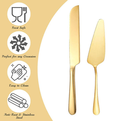 Cake cutting set including stainless steel spatula, knife, and pizza cutter for baking and pastry needs.