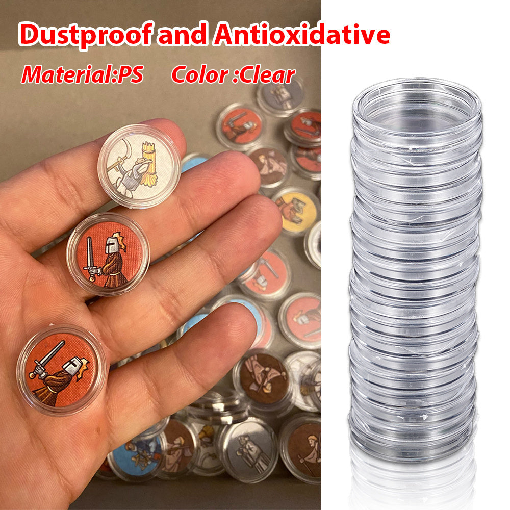 Transparent coin protector boxes available in packs of 25, 50, or 100. Suitable for collectibles measuring 19-33mm, perfect for commemorative coins and medals.