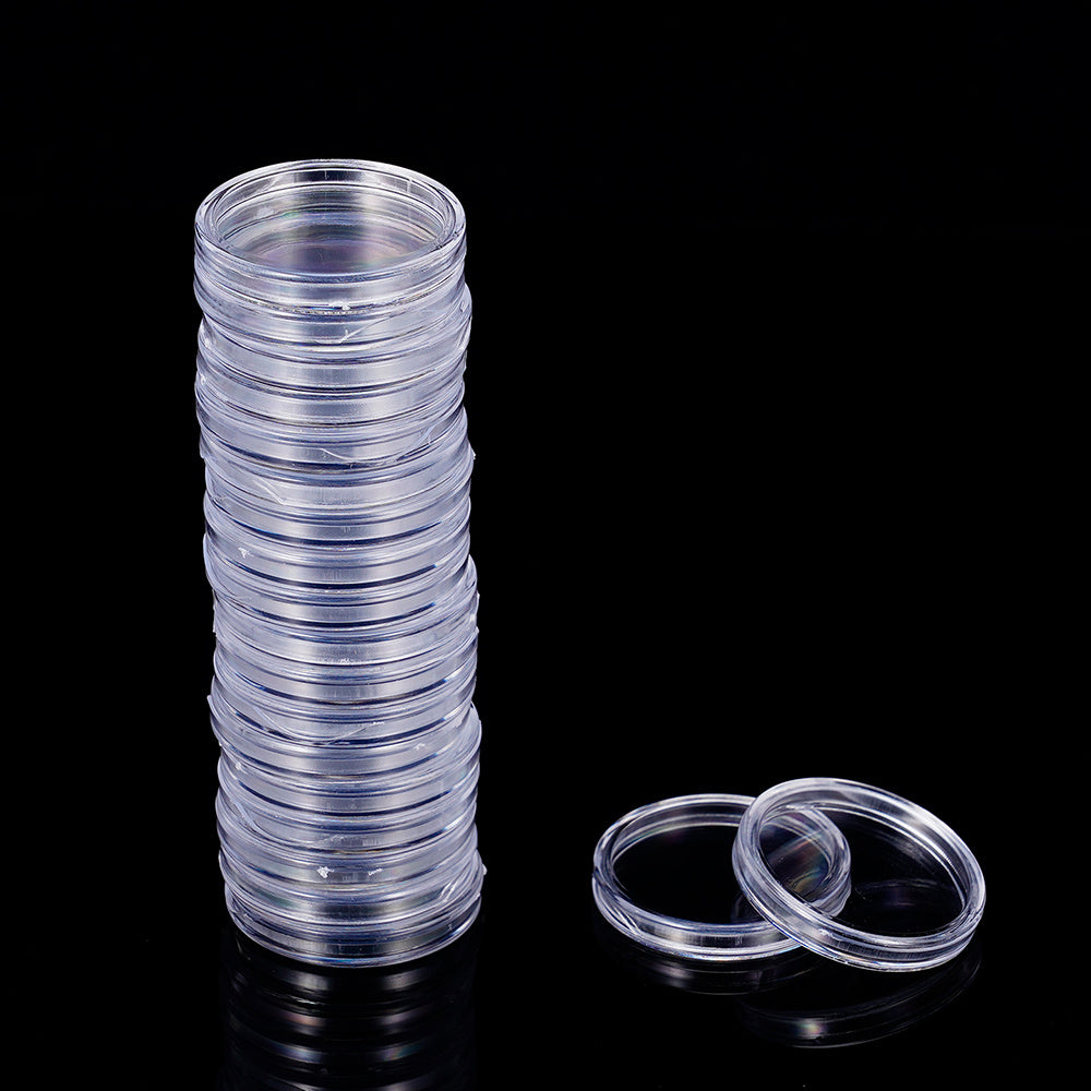 Transparent coin protector boxes available in packs of 25, 50, or 100. Suitable for collectibles measuring 19-33mm, perfect for commemorative coins and medals.