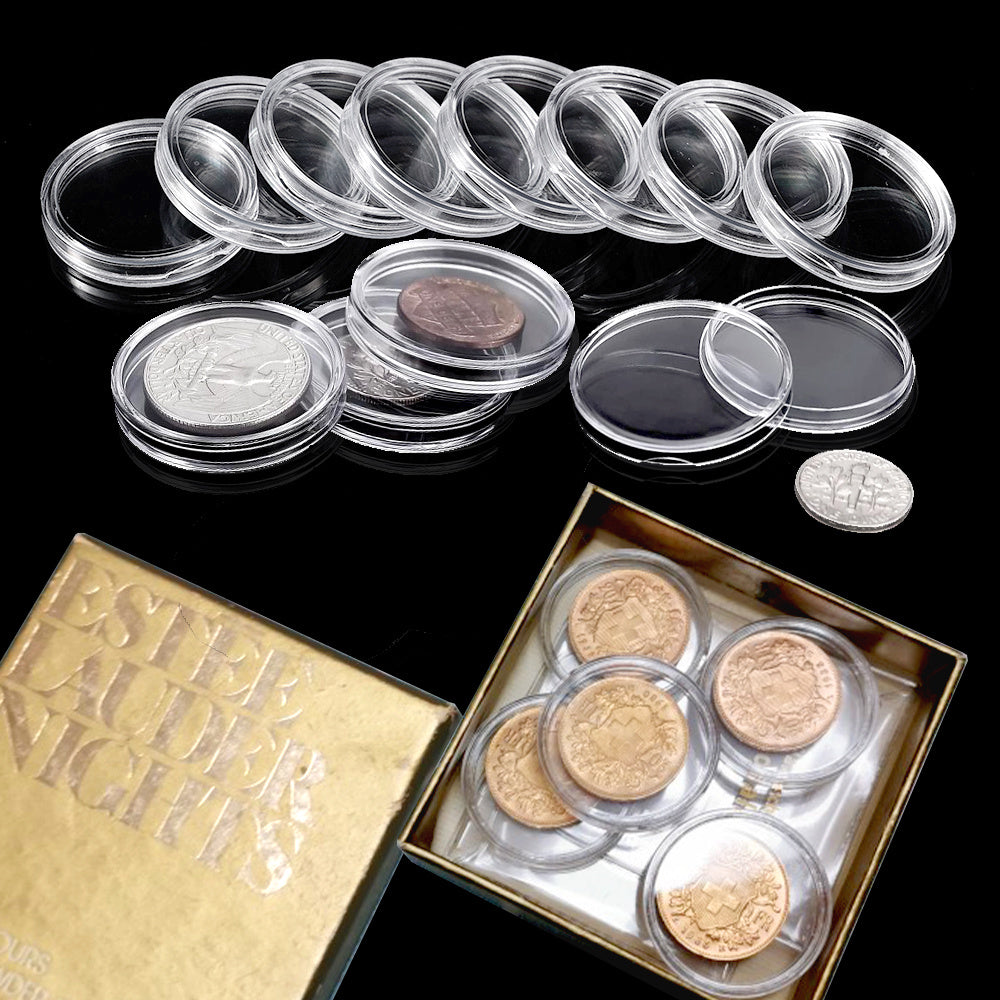 Transparent coin protector boxes available in packs of 25, 50, or 100. Suitable for collectibles measuring 19-33mm, perfect for commemorative coins and medals.