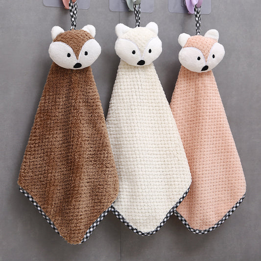 Cute fox pattern hanging towel for bathroom and kitchen, 27.99*41.99cm size, quick-drying and absorbent with hanging loop.