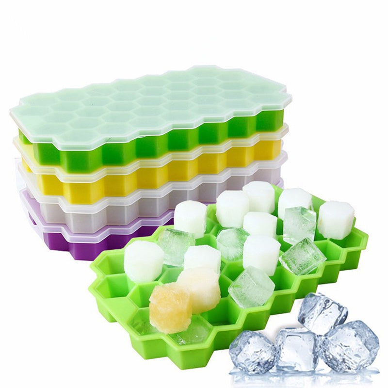 Silicone Hexagon Ice Cube Tray with Lid - 37 Cavity Flexible Mold for Freezer, Soft Drinks, Whisky, Cocktails, and More, Easy Release Ice Maker for Kitchen Accessories