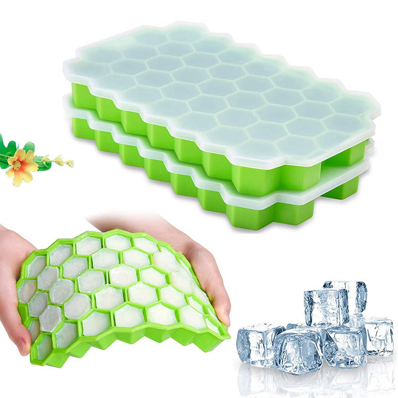 Silicone Hexagon Ice Cube Tray with Lid - 37 Cavity Flexible Mold for Freezer, Soft Drinks, Whisky, Cocktails, and More, Easy Release Ice Maker for Kitchen Accessories