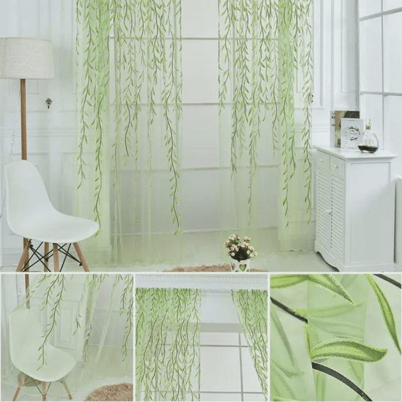 Semi-Sheer Willow Leaf Pattern Curtain - Classic Design for Living Room, Nursery, or Bedroom. Made of 100% Polyester, with Rod Pocket for easy hanging. Features a Woven Tulle Vine Design. Machine Washable for convenience. Available in Various Sizes.