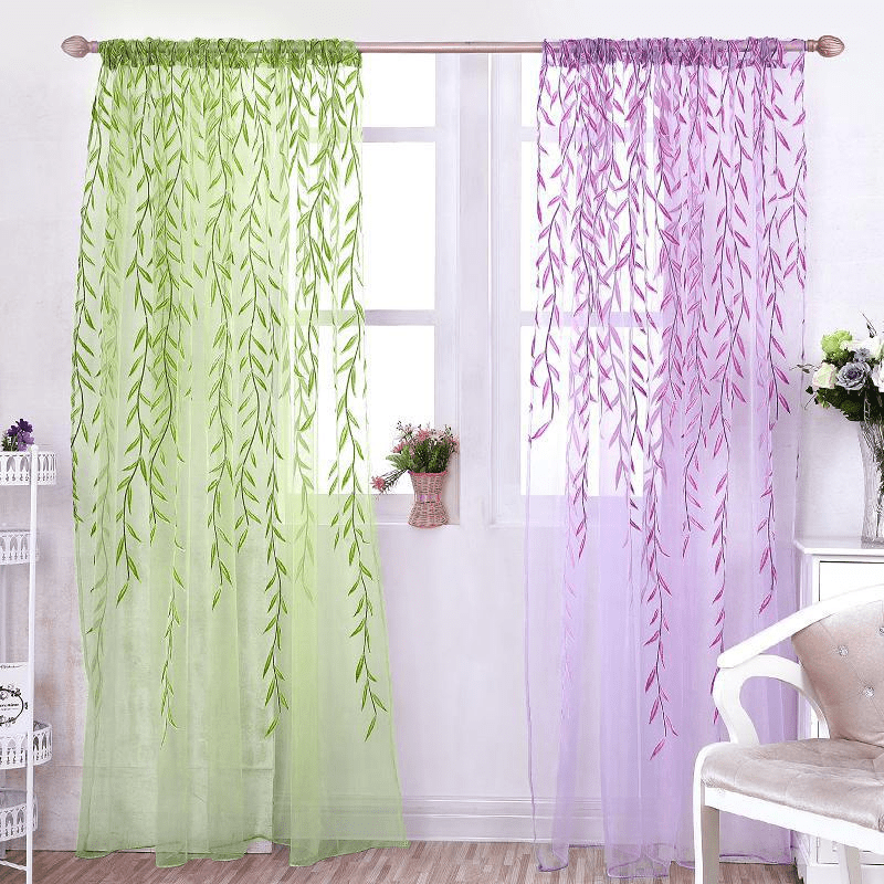 Semi-Sheer Willow Leaf Pattern Curtain - Classic Design for Living Room, Nursery, or Bedroom. Made of 100% Polyester, with Rod Pocket for easy hanging. Features a Woven Tulle Vine Design. Machine Washable for convenience. Available in Various Sizes.