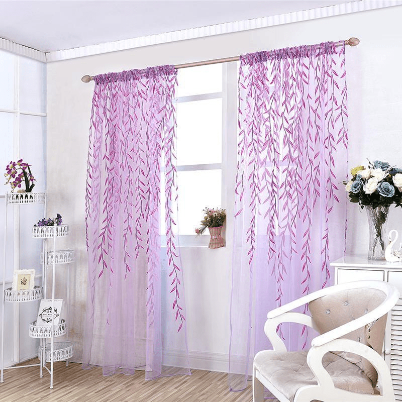 Semi-Sheer Willow Leaf Pattern Curtain - Classic Design for Living Room, Nursery, or Bedroom. Made of 100% Polyester, with Rod Pocket for easy hanging. Features a Woven Tulle Vine Design. Machine Washable for convenience. Available in Various Sizes.