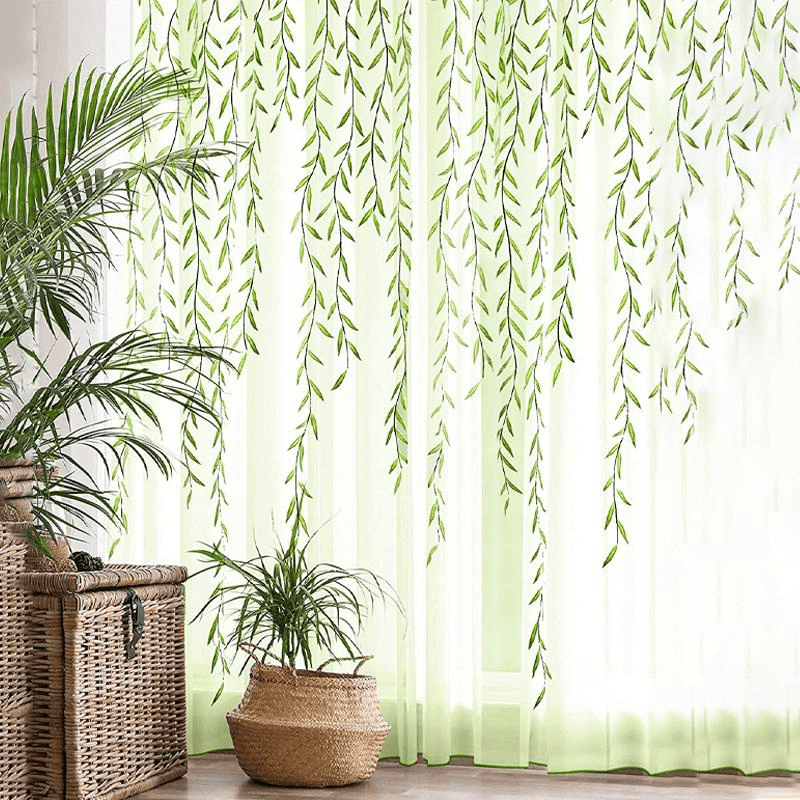 Semi-Sheer Willow Leaf Pattern Curtain - Classic Design for Living Room, Nursery, or Bedroom. Made of 100% Polyester, with Rod Pocket for easy hanging. Features a Woven Tulle Vine Design. Machine Washable for convenience. Available in Various Sizes.