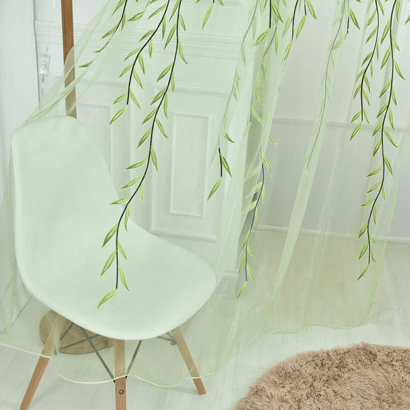 Semi-Sheer Willow Leaf Pattern Curtain - Classic Design for Living Room, Nursery, or Bedroom. Made of 100% Polyester, with Rod Pocket for easy hanging. Features a Woven Tulle Vine Design. Machine Washable for convenience. Available in Various Sizes.