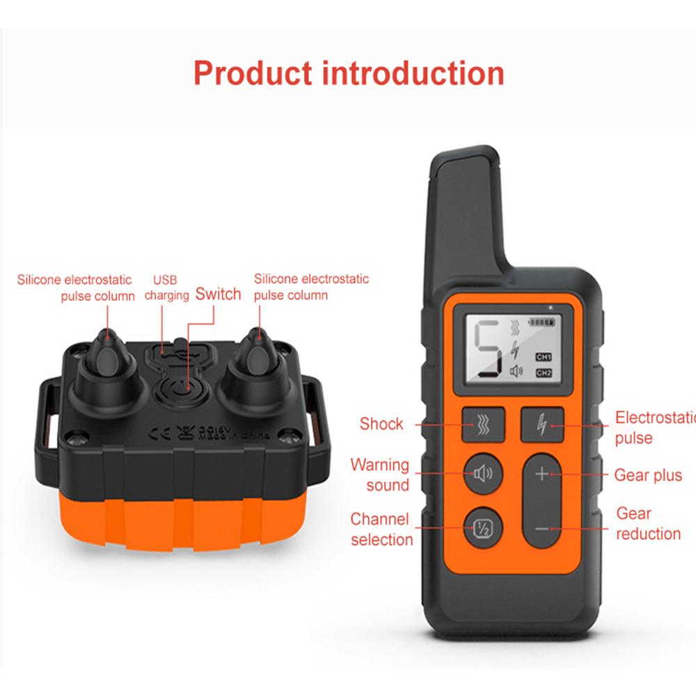 Rechargeable Electronic Pet Training Collar with 500m Remote Control, Vibration, Electric Shock & Buzz Modes, USB Charging, Lithium Polymer Battery, Plastic Material.