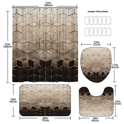 4-piece bathroom set with marble pattern shower curtain, non-slip rug, U-shaped mat, and lid cover pad.