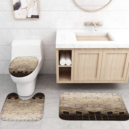 4-piece bathroom set with marble pattern shower curtain, non-slip rug, U-shaped mat, and lid cover pad.