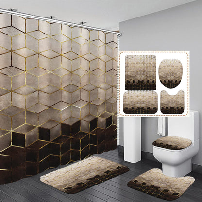 4-piece bathroom set with marble pattern shower curtain, non-slip rug, U-shaped mat, and lid cover pad.