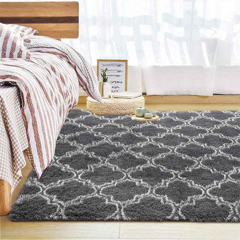 Luxurious Dark Gray Plush Area Mat with Modern Hexagonal Pattern Design - Soft, Washable Polyester with Anti-Slip Backing | Ideal for Bedroom & Living Room | Available in Sizes up to 230.0cm x 62.99