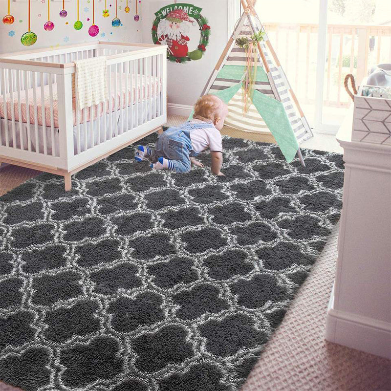 Luxurious Dark Gray Plush Area Mat with Modern Hexagonal Pattern Design - Soft, Washable Polyester with Anti-Slip Backing | Ideal for Bedroom & Living Room | Available in Sizes up to 230.0cm x 62.99