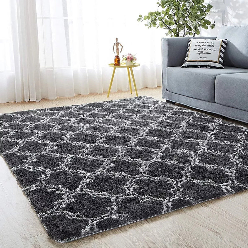 Luxurious Dark Gray Plush Area Mat with Modern Hexagonal Pattern Design - Soft, Washable Polyester with Anti-Slip Backing | Ideal for Bedroom & Living Room | Available in Sizes up to 230.0cm x 62.99