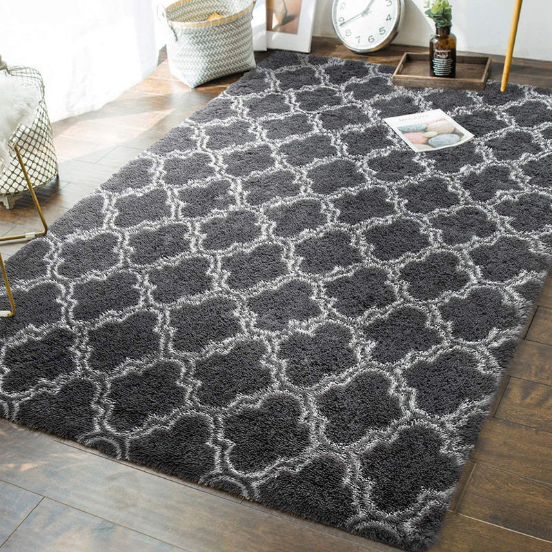 Luxurious Dark Gray Plush Area Mat with Modern Hexagonal Pattern Design - Soft, Washable Polyester with Anti-Slip Backing | Ideal for Bedroom & Living Room | Available in Sizes up to 230.0cm x 62.99