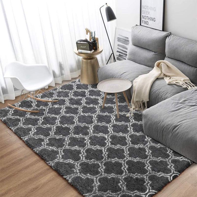 Luxurious Dark Gray Plush Area Mat with Modern Hexagonal Pattern Design - Soft, Washable Polyester with Anti-Slip Backing | Ideal for Bedroom & Living Room | Available in Sizes up to 230.0cm x 62.99