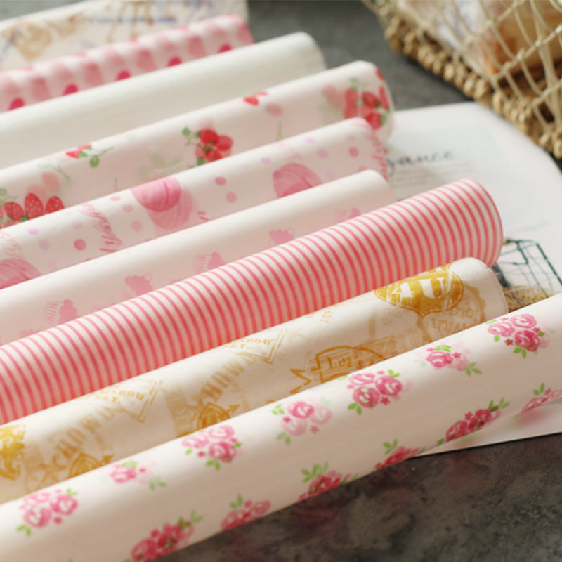 50 pieces of Decorative Greaseproof Food Wrapping Paper featuring Charming Patterns such as Hearts, Flowers, and Stripes. Resistant to Oil and Water, measuring 24.89x21.59cm - Perfect for Baking, Confectionery, and other uses