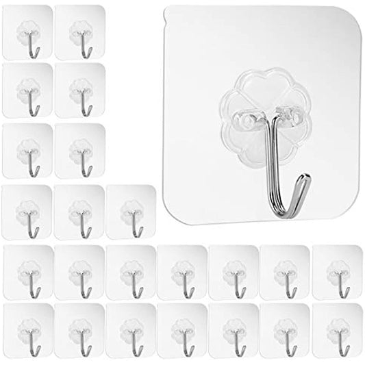 24 transparent, reusable, waterproof, and oilproof adhesive hooks for heavy-duty use in kitchens and bathrooms to hang towels, cups, spatulas, can openers, and scissors.