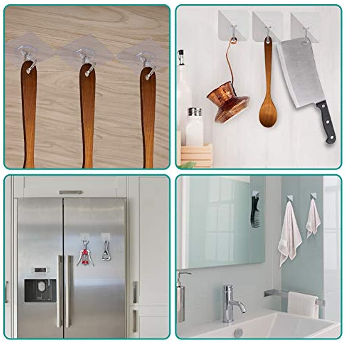 24 transparent, reusable, waterproof, and oilproof adhesive hooks for heavy-duty use in kitchens and bathrooms to hang towels, cups, spatulas, can openers, and scissors.