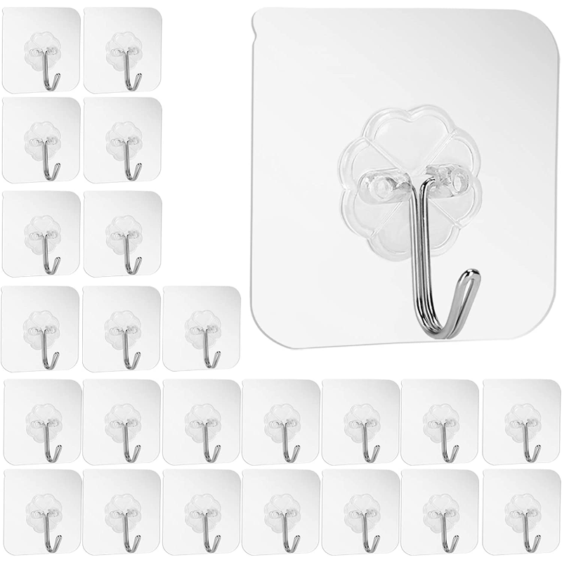 24 transparent, reusable, waterproof, and oilproof adhesive hooks for heavy-duty use in kitchens and bathrooms to hang towels, cups, spatulas, can openers, and scissors.