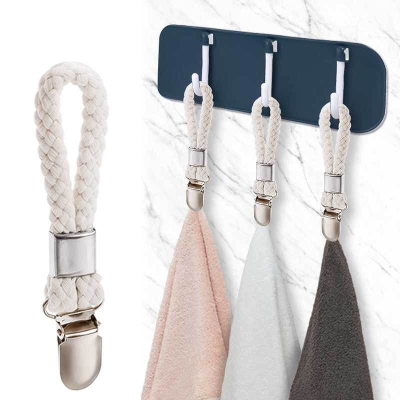 Set of 4 stylish braided rope towel clips featuring strong metal clamps, perfect for organizing towels and clothes in the kitchen or bathroom. These space-saving clips securely hold items in place with a sturdy design, making them ideal for hanging