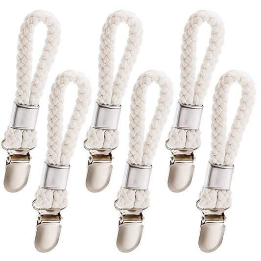 Set of 4 stylish braided rope towel clips featuring strong metal clamps, perfect for organizing towels and clothes in the kitchen or bathroom. These space-saving clips securely hold items in place with a sturdy design, making them ideal for hanging