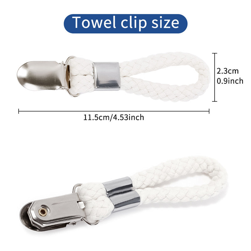 Set of 4 stylish braided rope towel clips featuring strong metal clamps, perfect for organizing towels and clothes in the kitchen or bathroom. These space-saving clips securely hold items in place with a sturdy design, making them ideal for hanging