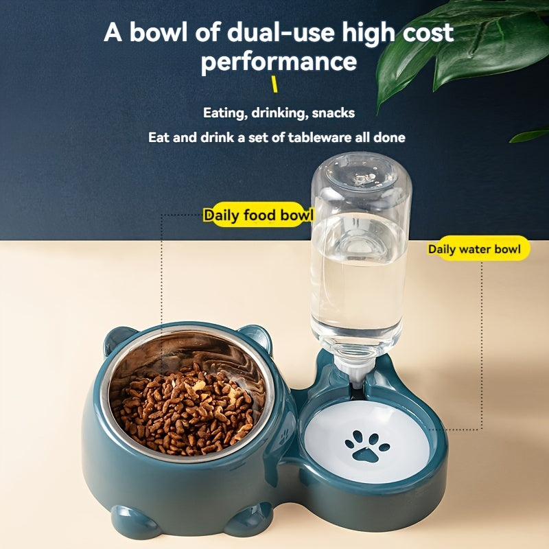 Double stainless steel pet bowl with slanted mouth for cats and dogs, automatic refillable for drinking and feeding.