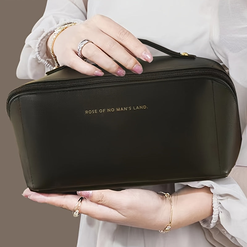 Travel makeup bag with dividers and handle, made of PU material in beige. Multi-compartment storage for skincare and makeup essentials for women.