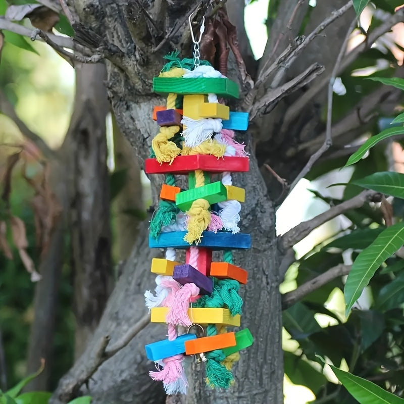 Colorful wooden swing toy with bell for small birds such as budgies, conures, lovebirds, and finches.